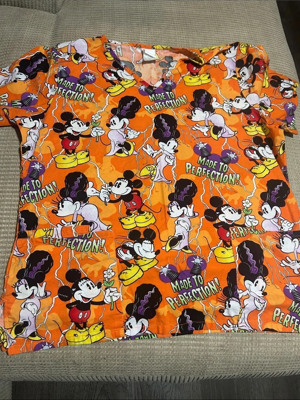 Disney Mickey and Minnie Frankenstein Made to Perfection Halloween Scrub Top